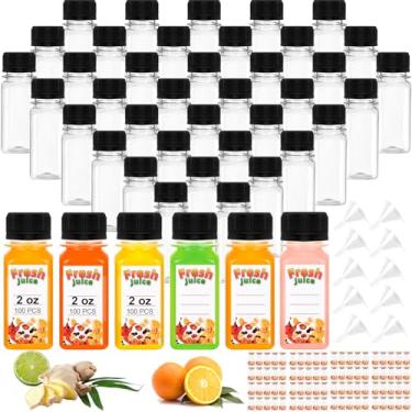 Imagem de Pacote com 100 garrafas de dose de 60 ml com tampas, pequenas garrafas de plástico para líquidos, garrafas de gengibre para licor, suco, uísque, garrafa de viagem reutilizável com escala, funis