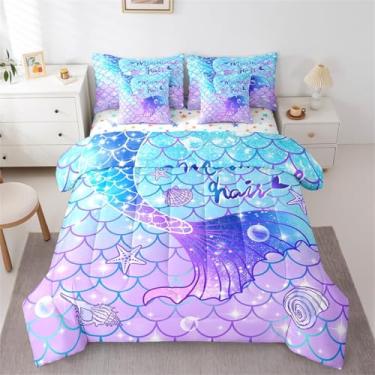 Imagem de Feelyou Jogo de edredom solteiro com estampa de sereia, para crianças, meninas, azul-petróleo, roxo, cauda de sereia, com estrelas, brilhante, para todas as estações