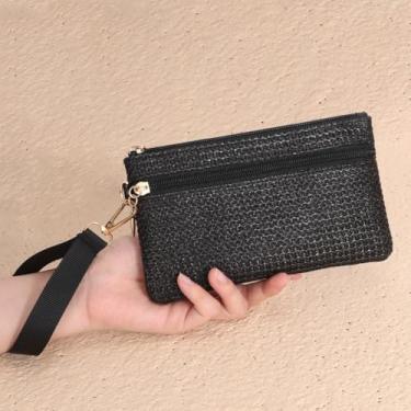 Imagem de Bolsa feminina de tecido de palha boêmia com zíper para praia com alça de pulso para viagens, piscina, festas, todos os dias, Preto