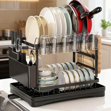 Imagem de Escorredor de Louças com Design em 2 Níveis, Escorredor de Pratos Multifuncional com Bandeja para Porta-Copos,Bica Giratória 360º para Drenagem De Agua,armazenando tigelas,pratos de cozinha.