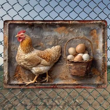 Imagem de Cesta de ovos de galinha cenário rústico arte de parede de alumínio rústico e placa de metal - 20 x 30 cm decoração vintage para ambientes internos e externos para casa, escritório, café, quintal e