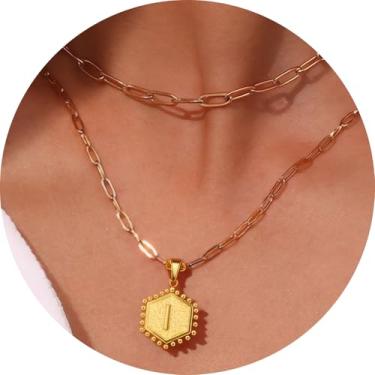 Imagem de Colar personalizado com pingente de letra A-Z, design hexagonal de corrente de camada dupla, joia minimalista de aço inoxidável para mulheres, F, Aço inoxidável, Sem Pedra Preciosa