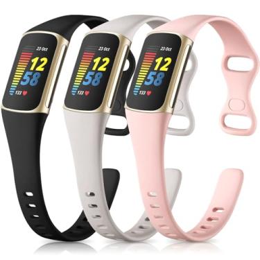 Imagem de Pulseira fina compatível com Fitbit Charge 5/Charge 6 para mulheres e homens, pulseiras esportivas ajustáveis de silicone macio para Fitbit Charge 5/Charge 6 Fitness Tracker, pacote com 3, preto/cinza