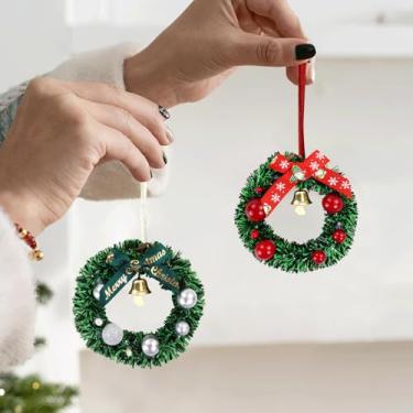Imagem de Decorações e enfeites de Natal, mini guirlanda de Natal de plástico com cordão, pequenas decorações de Natal com laço xadrez vermelho e preto para decoração de festa de Natal (C+D)