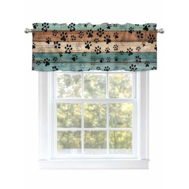 Imagem de Cão preto com estampa de pata sanefa para janelas vintage Turquise marrom fazenda madeira cozinha cortinas para janelas de sala de estar/banheiro, varão bolso café. 1 painel, 137 cm × 45 cm