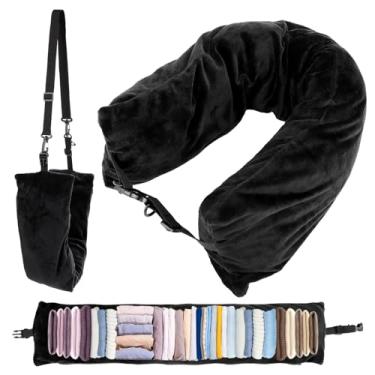 Imagem de Travesseiro de pescoço de pelúcia para viagem, almofada de pescoço de pelúcia com bolsa de armazenamento transformável, almofada de pescoço ajustável em forma de U, capa de almofada de pescoço para