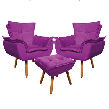 Imagem de Kit 02 Poltronas Opala Com 01 Puff Opala Suede Pés Palito Castanho DRossi Roxo