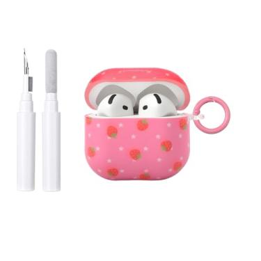 Imagem de COTYPOFLIYTT Capa compatível com AirPods 4ª geração com kit de limpeza, lindo design estético de morango feminino feminino chaveiro macio TPU capa protetora para AirPods 4 - rosa vermelha
