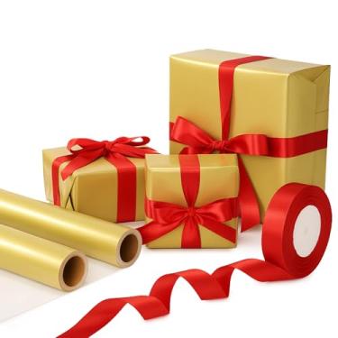 Imagem de Feifeiya Rolo de papel de embrulho de Natal, papel kraft, 2 rolos de 44 x 85 cm, com 1 rolo de 2,5 cm x 25 m de fita vermelha (dourada)