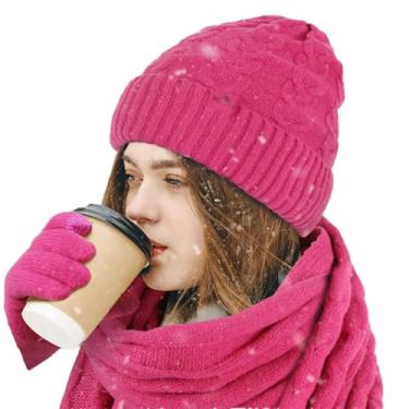 Imagem de Conjunto de 3 peças de gorro de inverno para mulheres e homens, conjunto de cachecóis de caxemira com forro de lã espessa, gola alta, tamanho único
