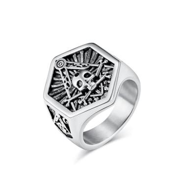 Imagem de JIPSJICI Anéis masculinos maçônicos vintage maçônico de aço inoxidável com sinete de cabeça de caveira, Metal, Sem pedra preciosa