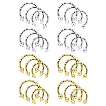 Imagem de Dyknasz Anéis de septo 14G, 16G, anéis labiais roscados internamente, aço cirúrgico, variedade de tamanhos, anel de ferradura, nariz, septo, ferradura, mordida de cobra, piercing sorridente, joia de