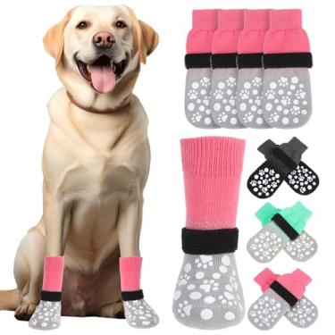 Imagem de BINGPET 4 peças de meias para cães para evitar lamber patas, punhos duplos, sapatos para cães para pavimento quente e pisos de madeira antiderrapante, botas de tração para cães e protetores de patas
