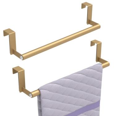 Imagem de STWWO Toalheiro sobre a porta, suporte de toalha de cozinha sobre barra de toalha de porta de armário de aço inoxidável para armário e suporte de toalha de prato de cozinha, pacote com 2 (ouro)
