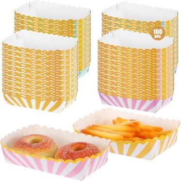Imagem de 100 bandejas de papel pastel, listradas, pastel, artigos de festa, barcos, pratos de papel descartáveis, 4 cores, cachorro-quente, batatas fritas, taco, pipoca, para aniversário, chá de bebê