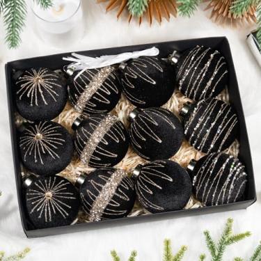 Imagem de Hismir Enfeites de árvore de Natal de veludo de 8,5 cm, conjunto de 12 bolas de Natal a granel com padrão dourado pintado à mão, enfeites de plástico inquebráveis para pendurar para guirlanda de