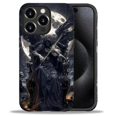 Imagem de WANKBLC Capa fosca compatível com iPhone 15 Pro para meninas e meninos, design de corpo inteiro, silicone macio, proteção contra arranhões, padrão maluco, preto, Grim Reaper, violino, asas e lua