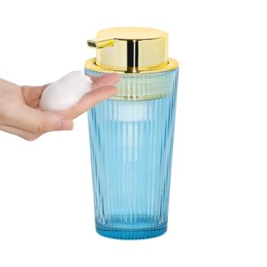 Imagem de Fvstar Dispensador de sabão espumante, dispensador de sabão de vidro com bomba ABS, loção recarregável de 355 ml, recipiente para garrafa para decoração de banheiro e cozinha (1, azul e dourado)