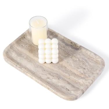 Imagem de Karibiber Bandejas de mármore para banheiro, travertino, bandeja decorativa para cômoda, suporte de pedra cinza para cozinha, bandejas de armazenamento para perfume, organizador de velas de joias