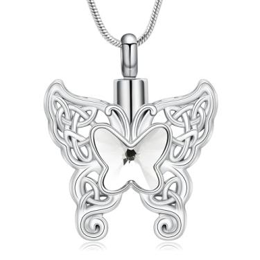 Imagem de AIWENXI Pingente de urna de cremação de borboleta oca para homens e mulheres, pedra do mês de nascimento de borboleta, pingente de cinzas memorial, lembranças, medalhão, Aço inoxidável, Sem Pedra