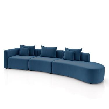 Imagem de Sofá Curvo Decorativo Kimiko 447cm 5 Lugares Sala De Estar Com Chaise Veludo Azul Petróleo G52 - Gran Belo