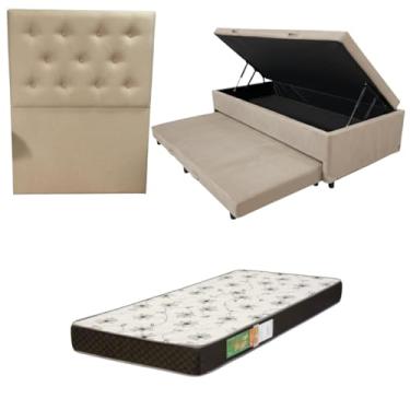 Imagem de Cama Box Baú Solteiro com Auxiliar (Bicama) + Colchão Solteiro Espuma D20 12cm | Kit Completo com Cabeceira Botonê Opcional | Diversas Cores (3, SUEDE BEGE, COM CABECEIRA)
