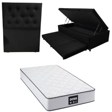 Imagem de Cama Box Baú Solteiro com Auxiliar (Bicama) + Colchão Doss Molas Ensacadas 30cm | Kit Completo com Cabeceira Botonê Opcional | Diversas Cores (3, SUEDE PRETO, COM CABECEIRA)