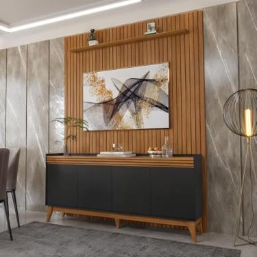 Imagem de Painel Ripado 184cm com Buffet Ripado 4 Portas 180cm - Preto e Cedro