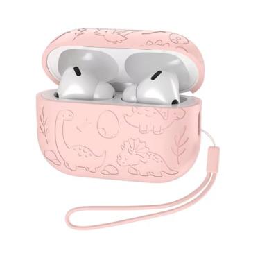 Imagem de KugaTech Capa com design de dinossauro rosa pastel para AirPod Pro 2 - capa protetora de silicone à prova de choque com mosquetão para fácil transporte