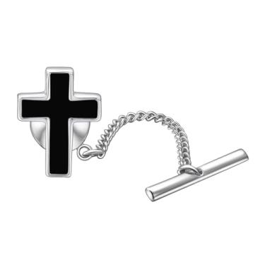 Imagem de RunootPR Cruz Tie Tack para homens preto prata cristão broche clipe festa terno joias presente