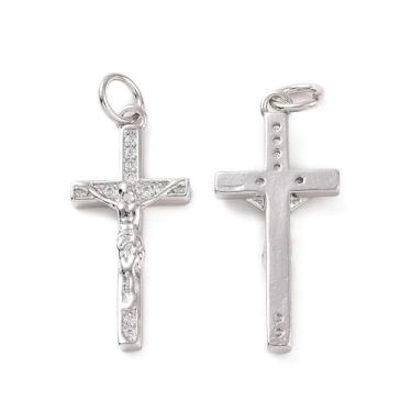 Imagem de 10 pingentes de cruz de crucifixo de religião de platina de latão micro pavê zircônia cúbica Jesus cruz pingentes com anel de salto para artesanato faça você mesmo, colar de Páscoa, brincos