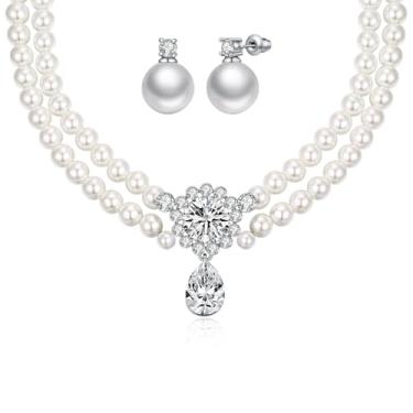Imagem de AJSOENO Elegante conjunto de gargantilha e brincos de pérola para mulheres, colar com pingente de cristal, joias para casamento, formatura