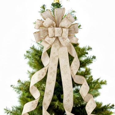 Imagem de Arco de enfeite de árvore de Natal – Grande laço festivo estilo guirlanda para árvore de Natal, decoração de poliéster de bolinhas vermelhas e verdes para férias, dia de Ação de Graças, uso interno e