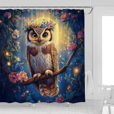 Imagem de UOZXOML Cortina de chuveiro coruja fantasia pássaro no galho árvore lua cheia rosa floral noite floresta enevoada luar casa de fazenda tecido animal selvagem decoração de banheiro cortinas com