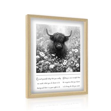 Imagem de GUMEYJIA Arte de parede Highland Cow, pequeno, 30,5 x 40,6 cm, emoldurado, arte em tela vintage, arte em preto e branco, decoração de casa para banheiro e quarto