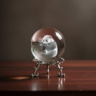 Imagem de Decoração de bola de cristal 3D com suporte - Ornamento de mesa de cristal de vidro 3D gravado a laser com vários padrões para escritório em casa, quarto