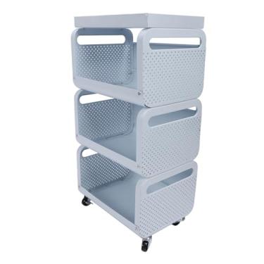 Imagem de Prateleira para Lanches Prateleira Móvel para Piso de Aço Inoxidável Organizador de Armazenamento Utilitário Móvel Com Rodas para Cozinha Lanche Tempero Frutas Branco (3 níveis)