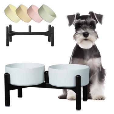 Imagem de Conjunto de tigelas elevadas de cerâmica para cães - Estação de alimentação para cães com tigelas duplas de estilo fofo para raças pequenas e médias - Prato elevado antiderrapante para alimentação com