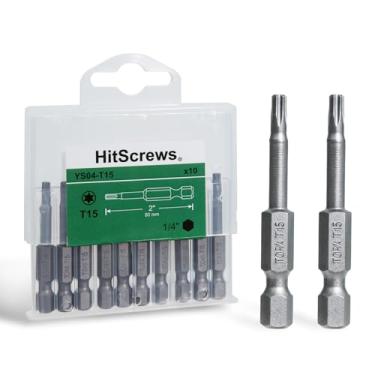 Imagem de HitScrews Pontas Torx T15 de 5 cm, pontas de chave de fenda S2 Steel Star, haste sextavada de 6 mm (1/10.2 cm), pontas de precisão CNC, pacote com 10 em caixa de armazenamento deslizante, compatível