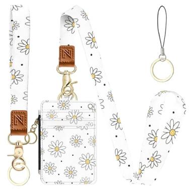 Imagem de Porta-crachá de identificação 2 em 1 de flores brancas e carteira com cordão para professores, enfermeiras, profissionais - linda bolsa de moedas com zíper, alça de pulso removível e cordão de pescoço