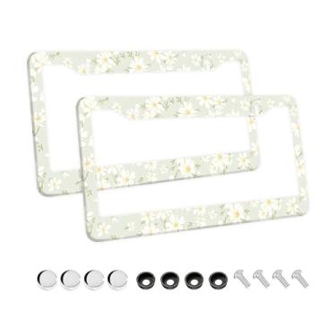 Imagem de 2 peças de suporte de placa de licença margarida, linda moldura de placa de licença de crisântemo, suporte de acessório de carro floral personalizado para homens e mulheres (branco)
