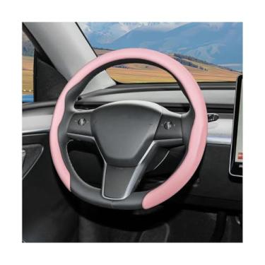 Imagem de Sandfren Capa de volante de couro Nappa para carro, protetor de volante antiderrapante 5D moderno de 38 cm, acessórios de decoração de interiores automotivos respiráveis, universal para veículos (rosa