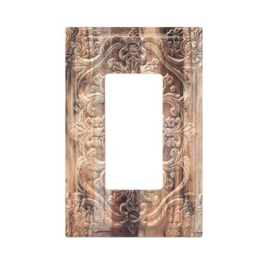 Imagem de Wpshijia Capas de tomada decorativas, prancha de madeira marrom, floral 3D, relevo, 1 interruptor de luz de balancim, placa de parede para decoração de quarto, decoração de casa