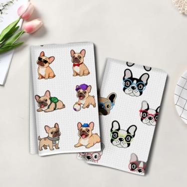 Imagem de 2 peças de toalhas de cozinha artísticas de cachorro fofo, toalha de mão de chá super absorvente, panos de prato de microfibra para secar pratos, toalhas de prato waffle para cozinha, banheiro