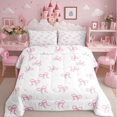 Imagem de Erosebridal Conjunto de cama queen com laço rosa - Conjunto de edredom com laço de coquete para crianças, pré-adolescentes, moderno, moderno, rosa, branco, moderno, com enchimento de edredom feminino