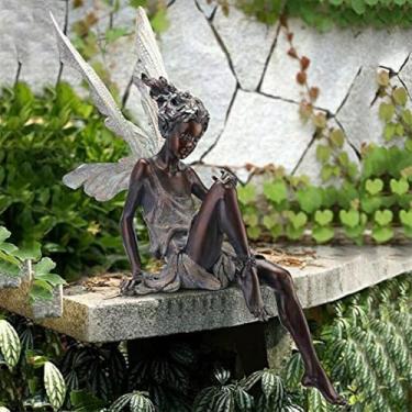 Imagem de Estátua de jardim de fadas sentadas, estatueta de jardim de fadas ao ar livre, escultura de anjo decoração de estatueta realista, decoração de estatuetas de anjo de jardim de resina, paisagismo