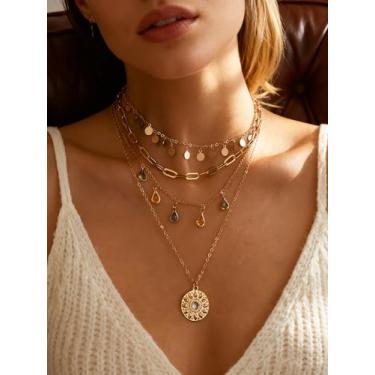 Imagem de Colares em camadas douradas para mulheres, pingente de moeda retrô moderno, joia gargantilha delicada e grossa, presente boho vintage para ela, Medium, Latão, Sem Pedra Preciosa