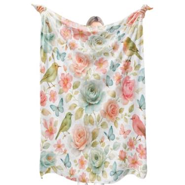 Imagem de zbezbe Cobertor de flanela de borboleta de pássaro floral em aquarela macio rosa pastel e natureza, cobertores leves 152 x 127 cm, estampa de um lado para sofá, cama, presentes para adultos