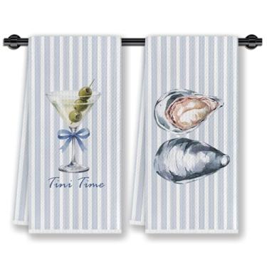 Imagem de CosxHabitat Toalhas de prato de cozinha martini de praia listradas azuis, presentes para amantes de coquetéis de martini, toalhas de chá de mão decorativas de ostra náutica costeira para cozinha, 40 x