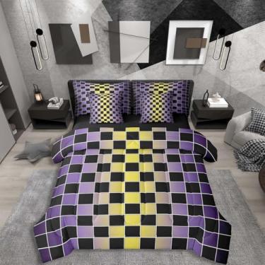Imagem de Erosebridal Jogo de cama solteiro geométrico, xadrez, roxo, amarelo e roxo em uma bolsa com lençóis, xadrez estético, conjunto de cama para crianças e adultos, cinza dégradé preto quadriculado